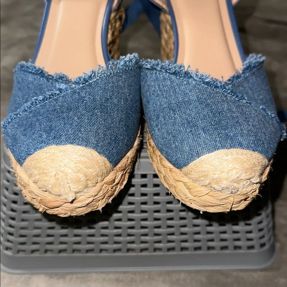 INC 8 Moniqueef Denim Blue Cream Fringe Overlap Ankle Tie Wedge Espadrilles